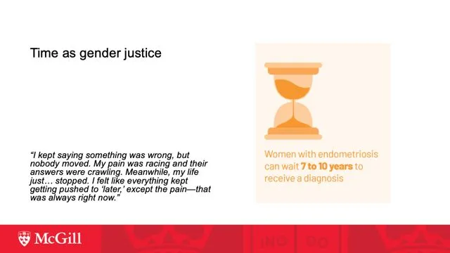 Time as gender justice: women with endometriosis can wait 7 to 10 years to receive a diagnosis, highlighting systemic delays in recognizing their pain.