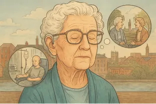 Illustration of an elderly woman with closed eyes, reflecting on memories. Thought bubbles show a person receiving chemotherapy and two people talking on a park bench. The scene has warm tones and a cityscape background.